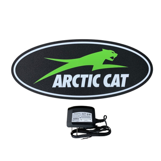 Arctic Cat led indoor sign with a power adapter on a white background