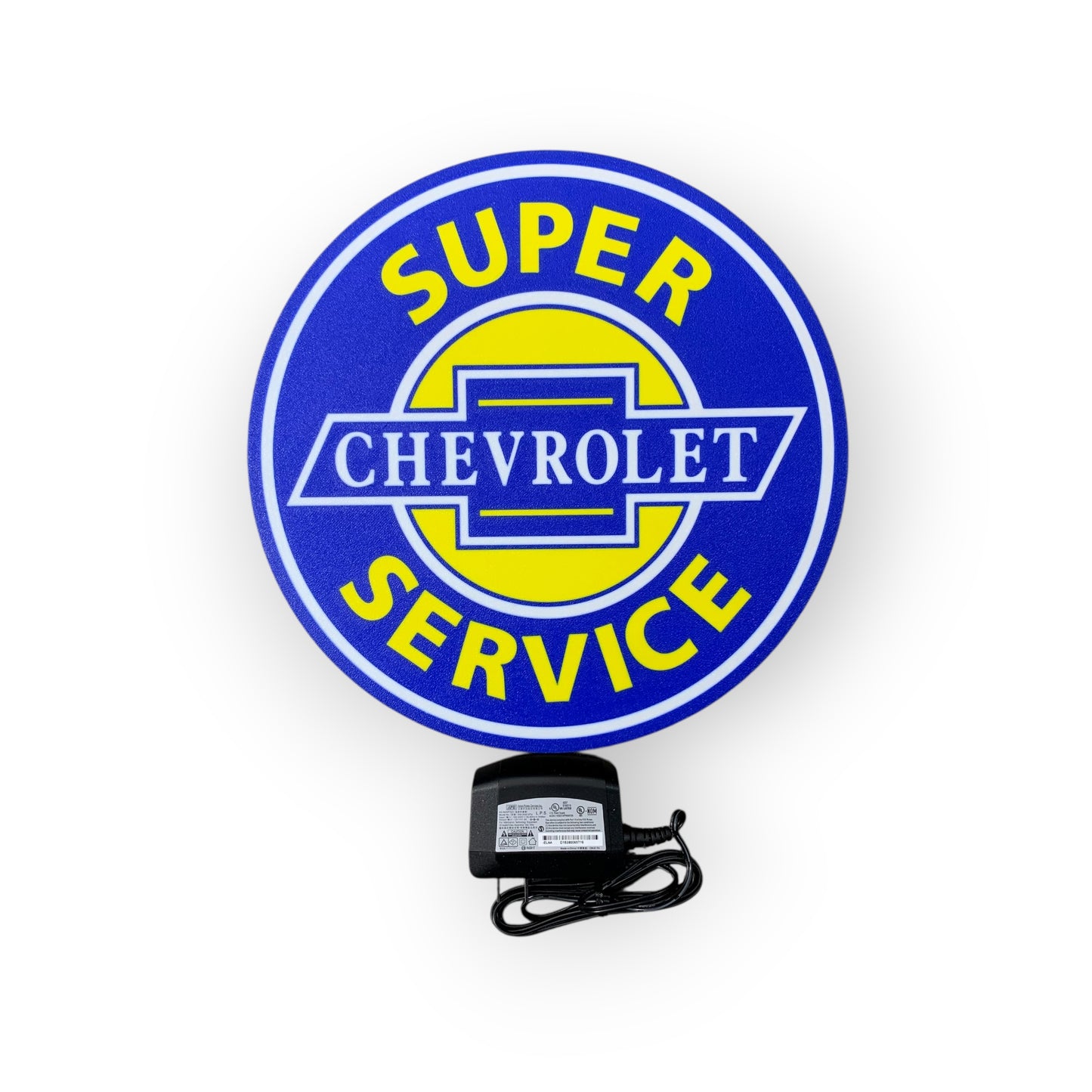 Super Chevrolet Service led indoor sign with blue and yellow colors on a white background