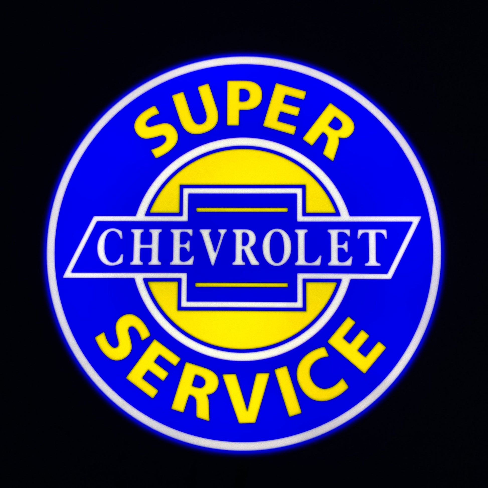 Super Chevrolet Service led indoor sign with blue and yellow colors on a black background