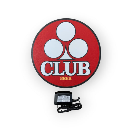 Round red sign with 'CLUB BEER' text and logo on a white background on a led indoor sign