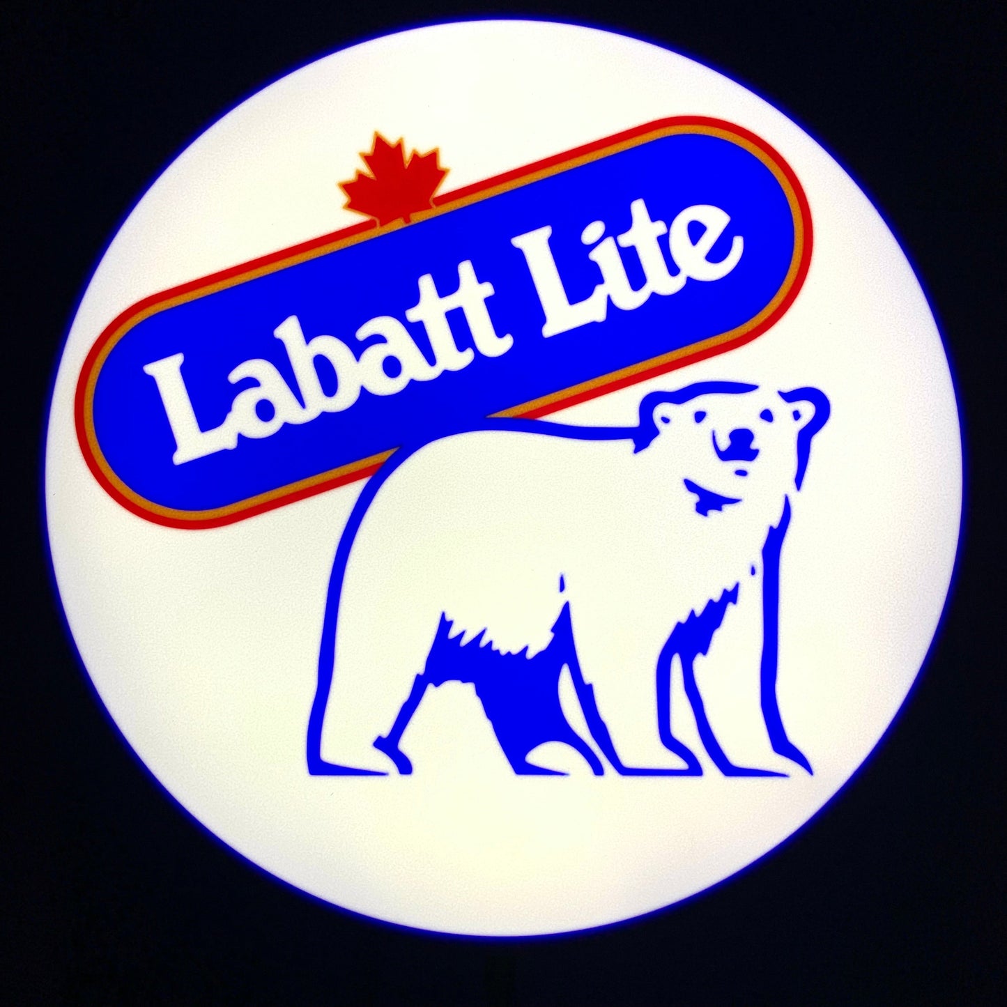Labatt Lite led indoor sign with a bear graphic on a white circle