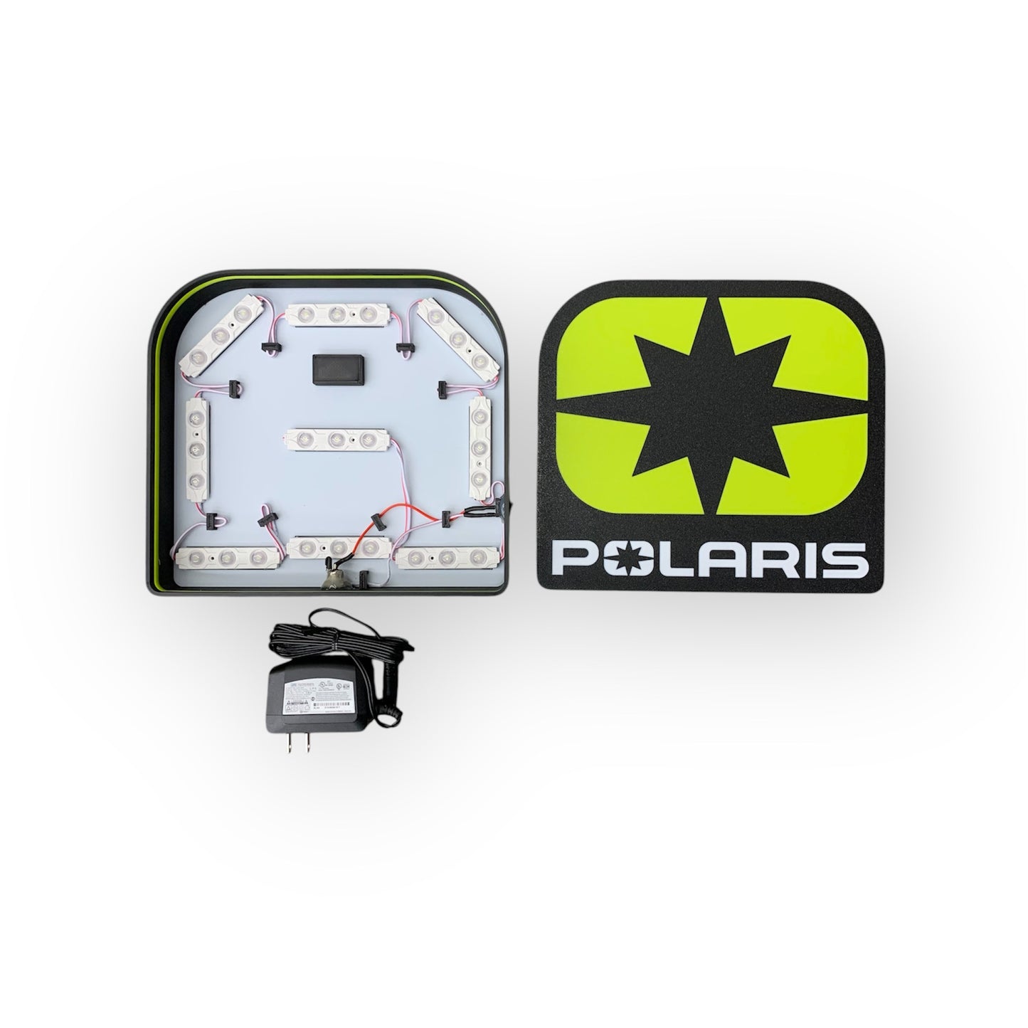 LED light panel with wiring and power adapter on a white background, featuring Polaris logo.