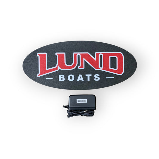 Lund Boats LED indoor sign with a power adapter on a white background