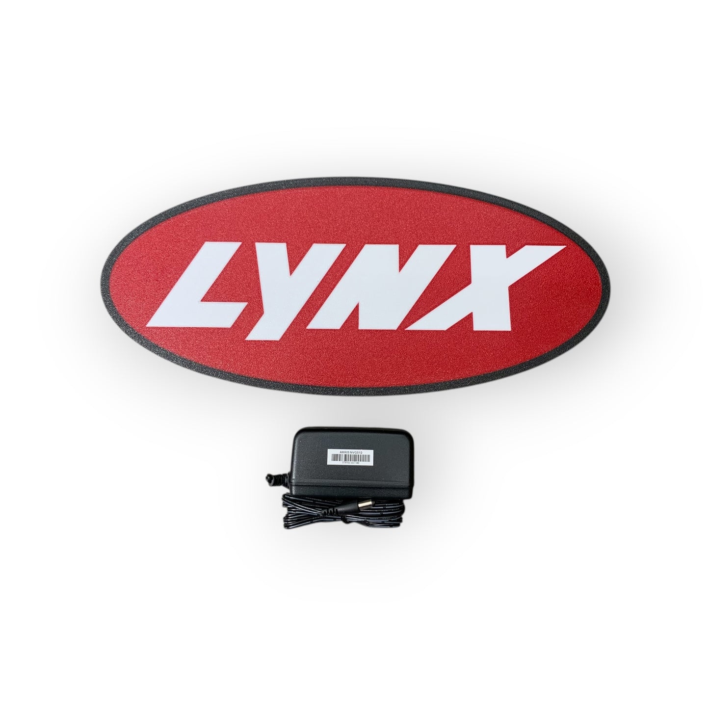 Red oval with 'LYNX' led sign and a power adapter on a white background