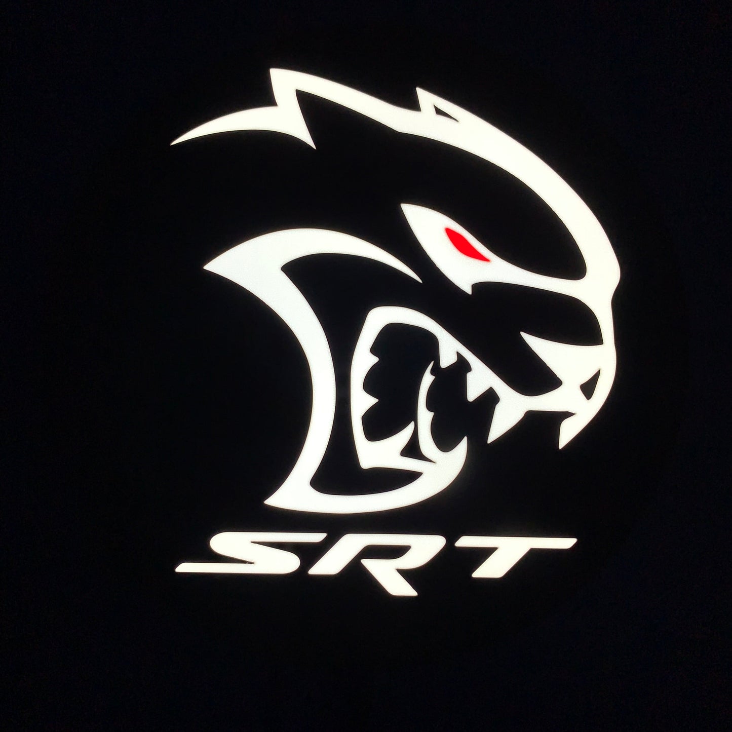 SRT led indoor sign lit with a white Cat design on a black background