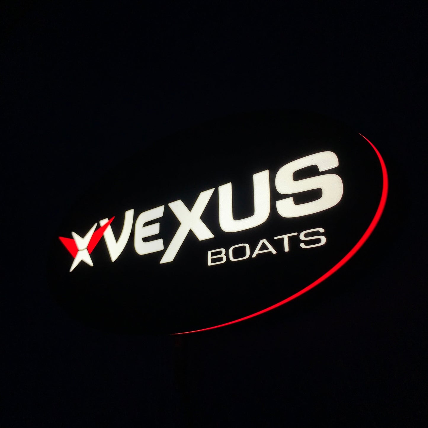 Vexus Boats led indoor sign on a black background